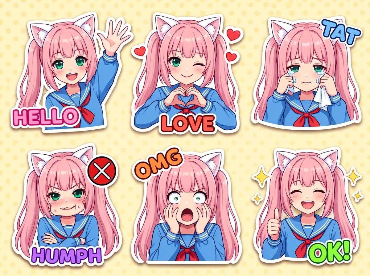Digital illustration of an anime sticker sheet with multiple characters and cute elements, generated by ERNIE Image