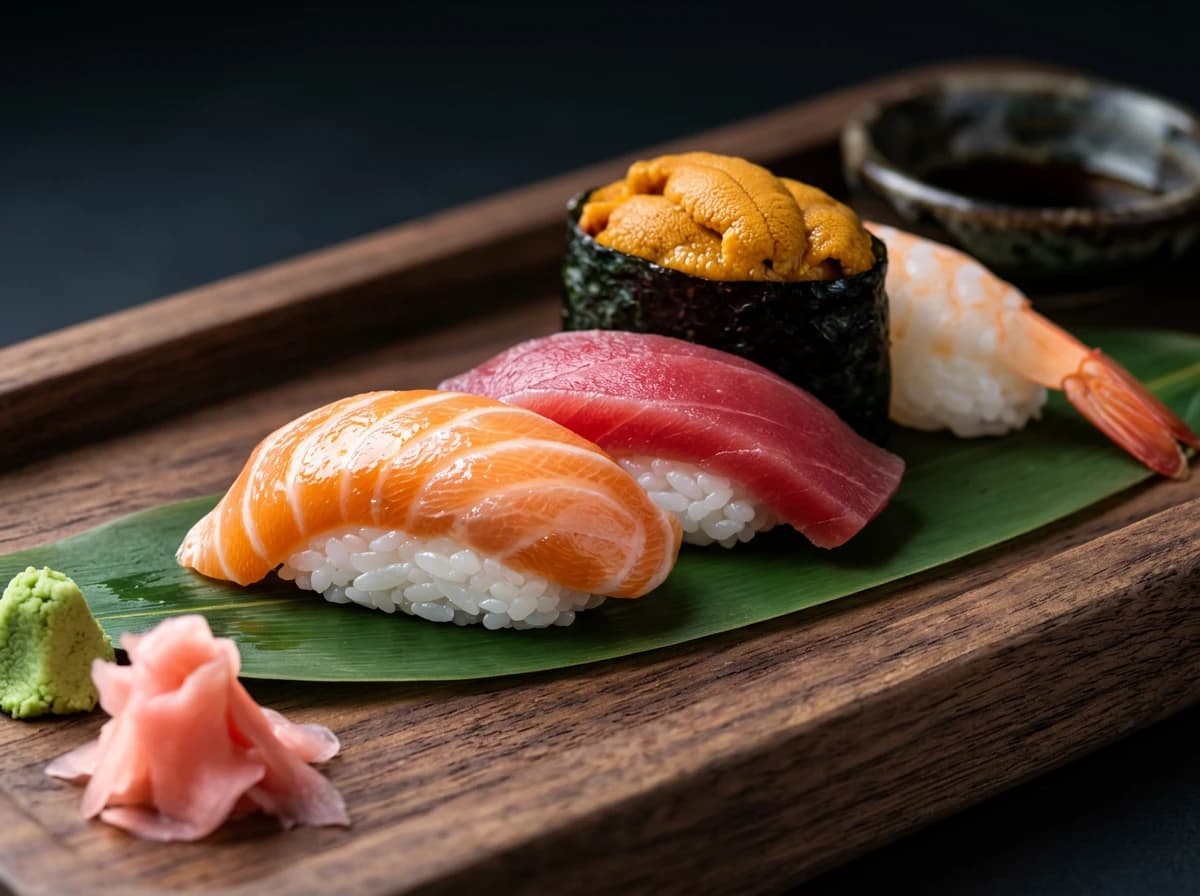 Extremely photorealistic professional food photography of salmon sushi with shallow depth of field, generated by ERNIE Image