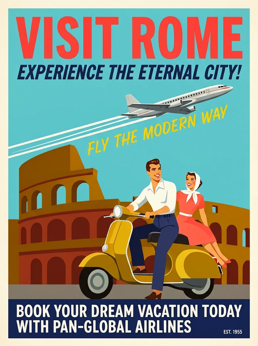 Vintage style travel poster for a tropical destination with bold typography and retro colors, generated by ERNIE Image