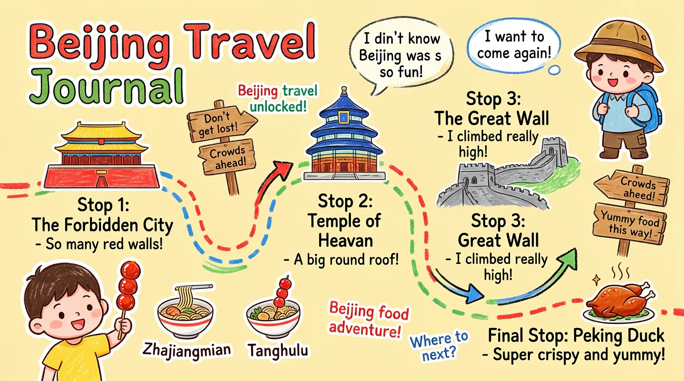 A 16:9 landscape-oriented children's crayon-style hand-drawn travel diary illustration. The backgrou