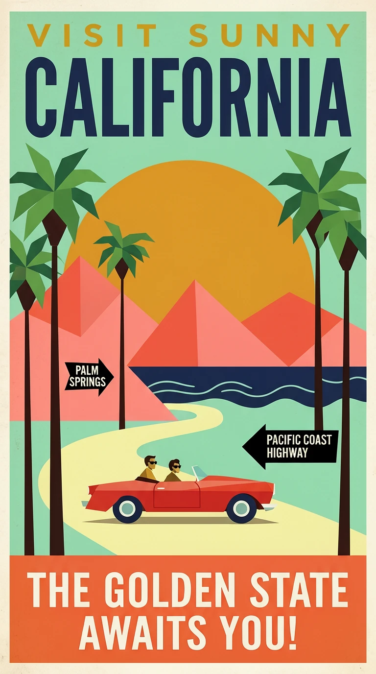 A 1950s mid-century modern style vintage travel promotional poster in a vertical composition. The im