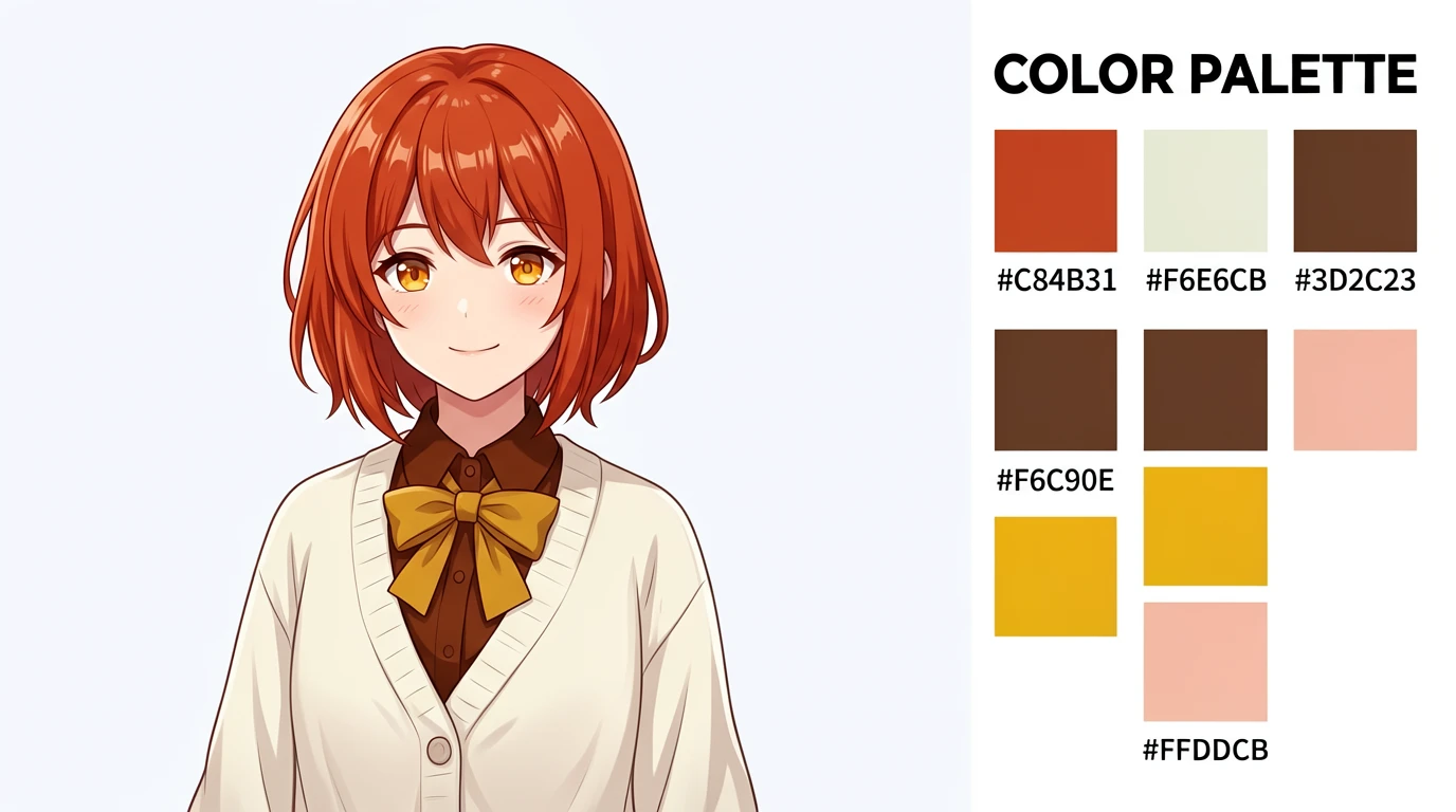 A 2D anime-style character design and coloring presentation sheet in a horizontal widescreen composi