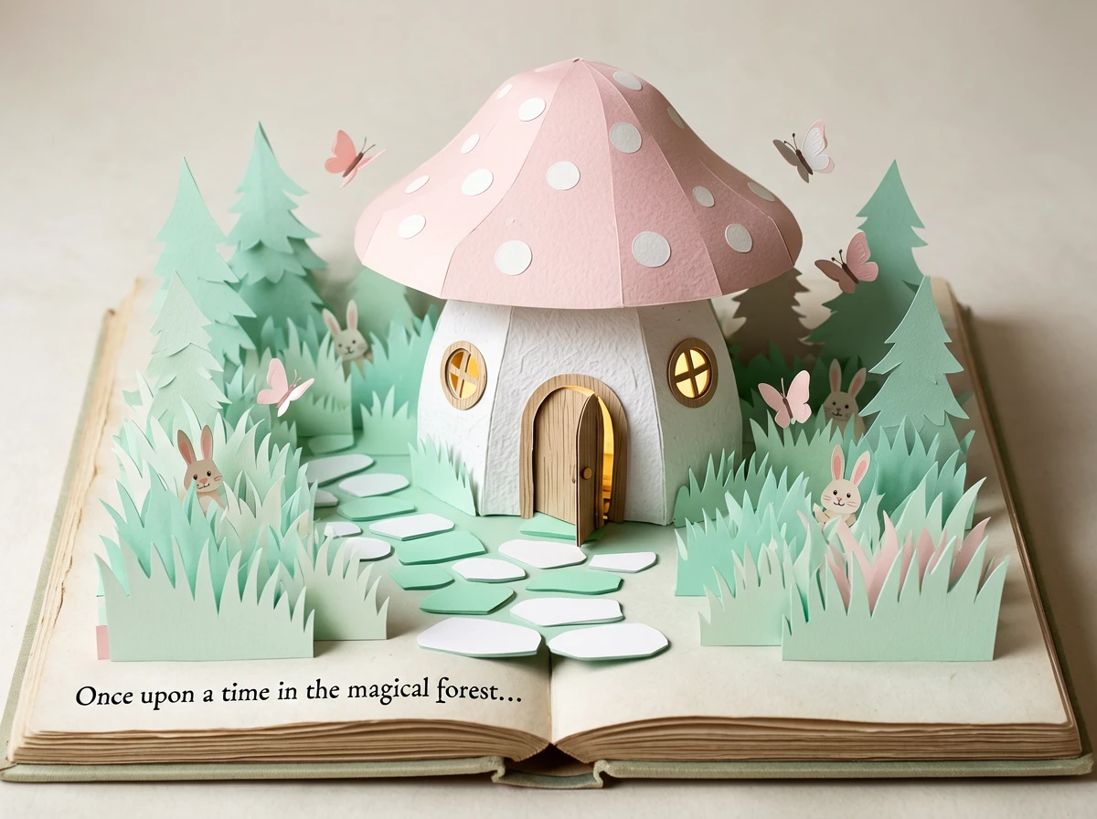 A 3D pop-up book illustration in landscape composition. At the center of the image is a thick hardco