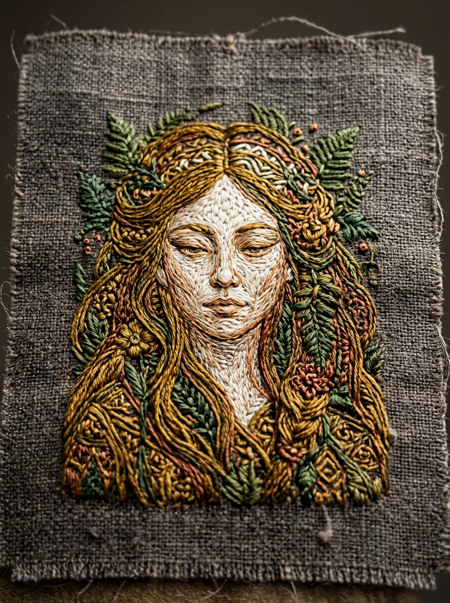 A close-up of a hand-embroidered portrait with a macro photography texture. At the center of the fra