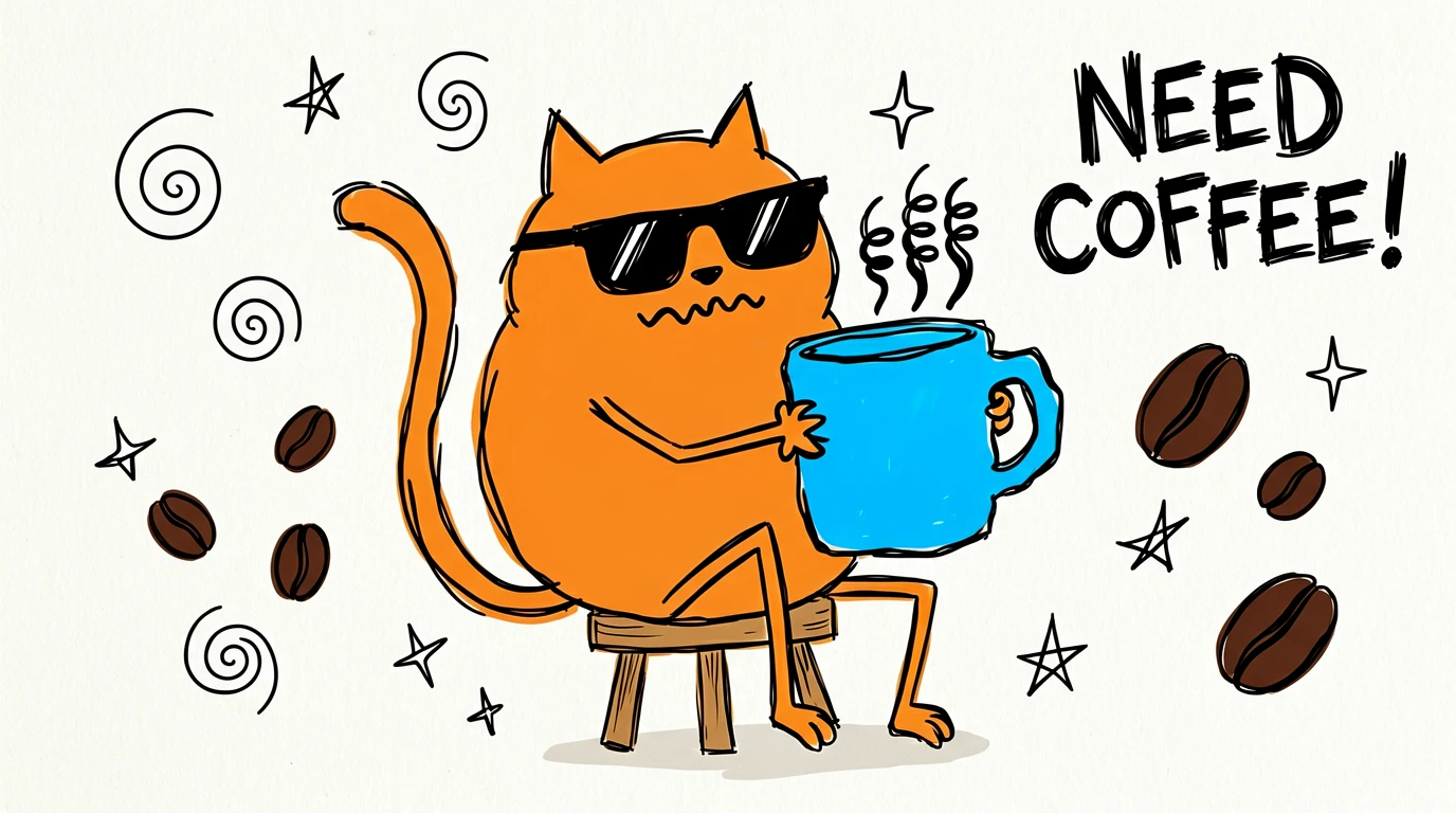 A doodle-style horizontal illustration. The main subject is a humorously exaggerated fat orange tabb