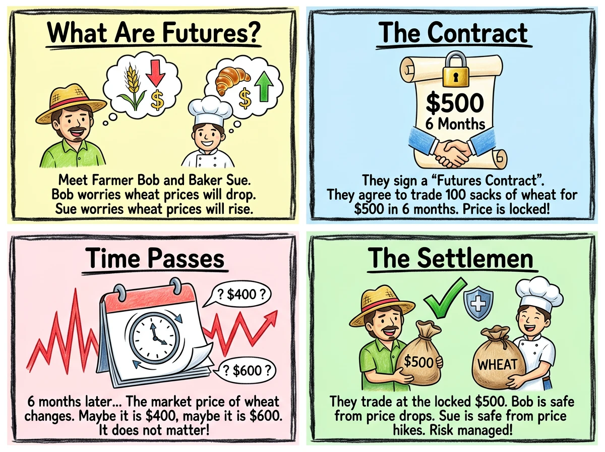 A doodle-style infographic containing four slide cards arranged in a 2×2 grid layout, explaining the