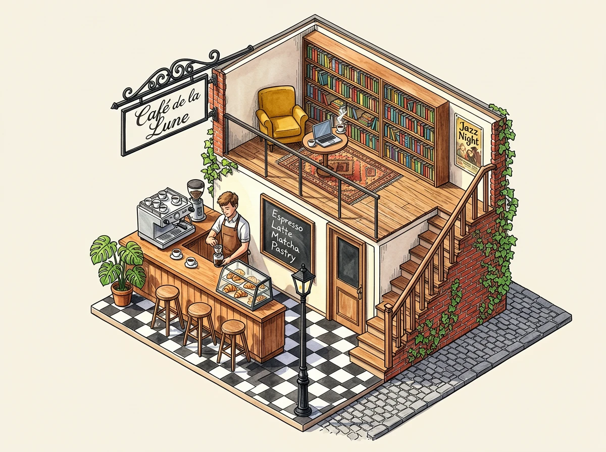 A hand-drawn style illustration rendered in a classic isometric view. At the center of the image is 