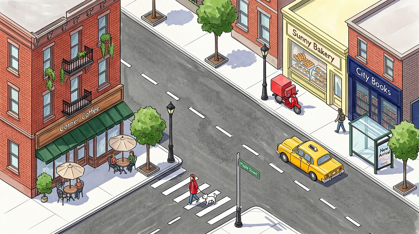 A hand-drawn style isometric (axonometric) city street schematic. The image adopts a wide aspect rat