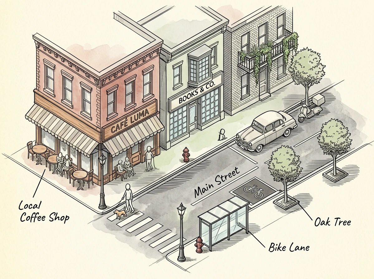 A hand-drawn style isometric street schematic in a horizontal composition. The image is delineated w