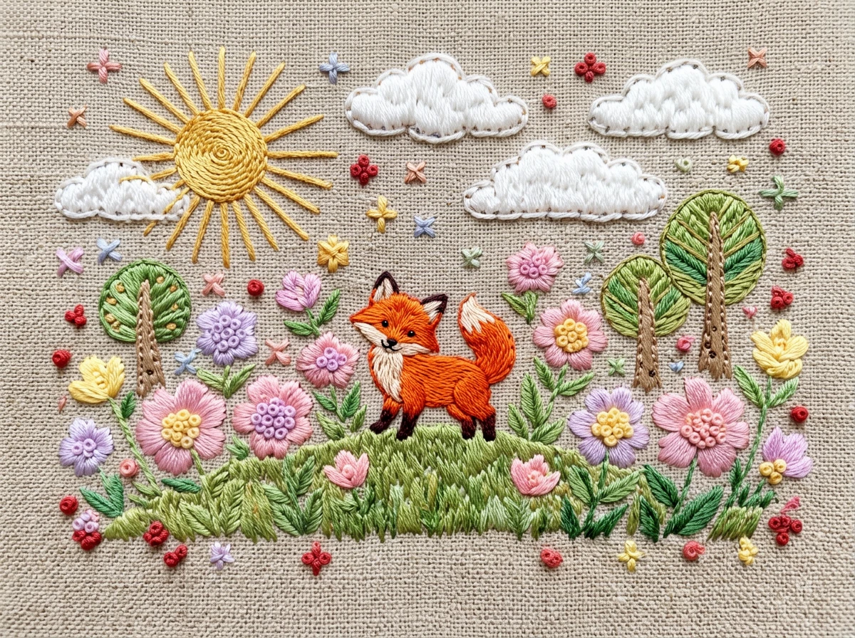 A horizontal illustration simulating traditional hand embroidery, set against a background of unblea