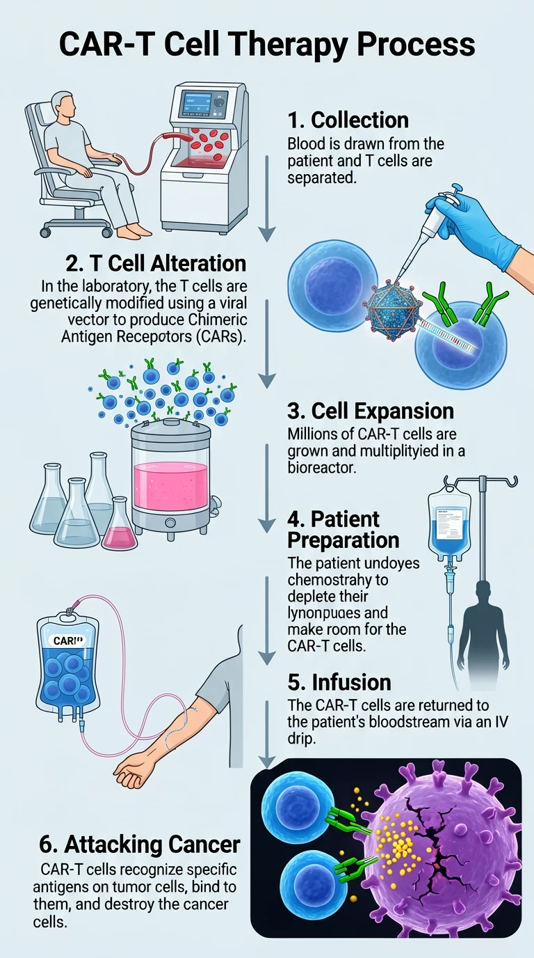 A horizontal scientific infographic illustration showcasing the complete staged process of CAR-T cel