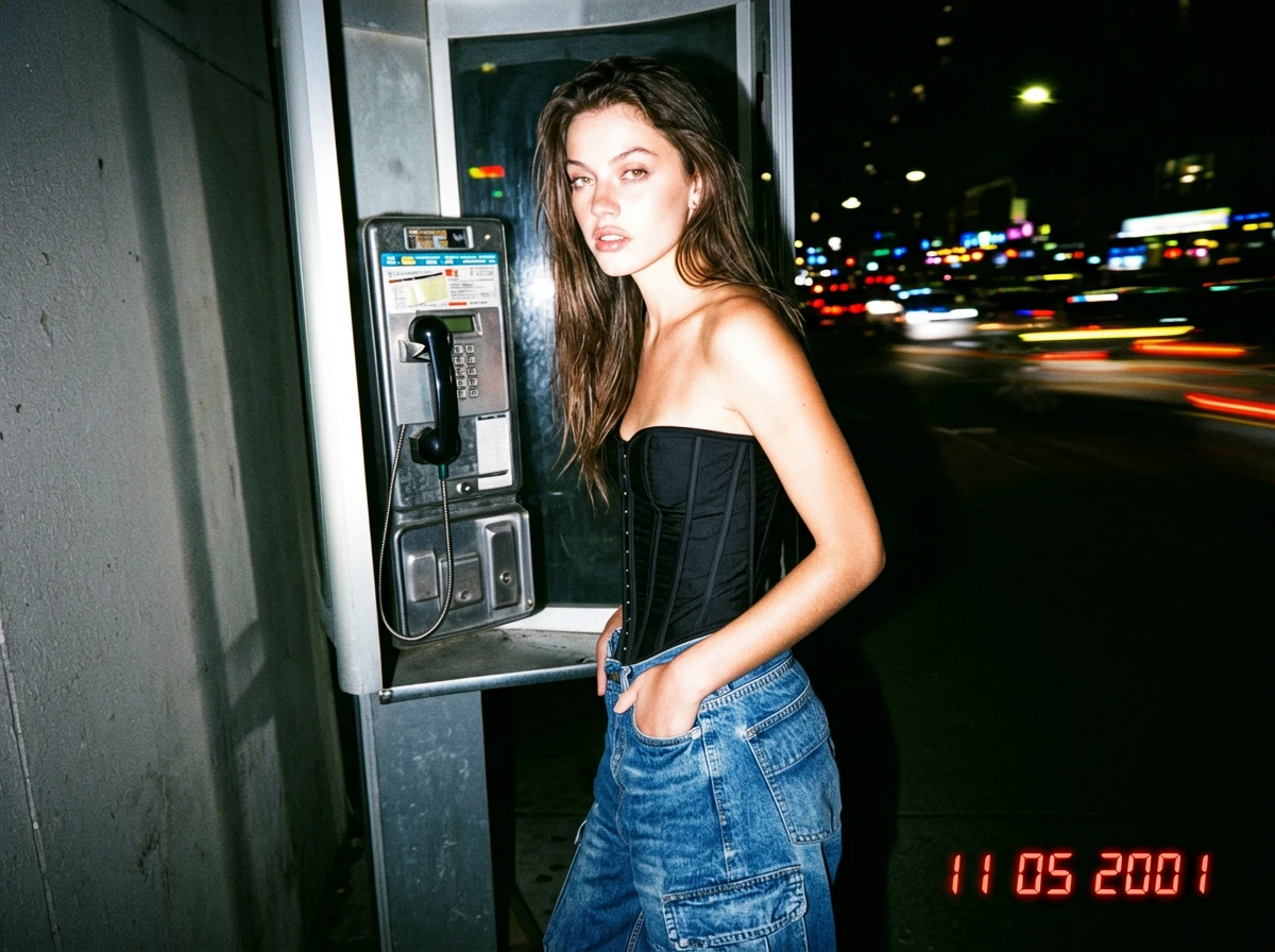 A landscape-oriented nighttime street photography shot with a strong early-2000s Y2K aesthetic and r