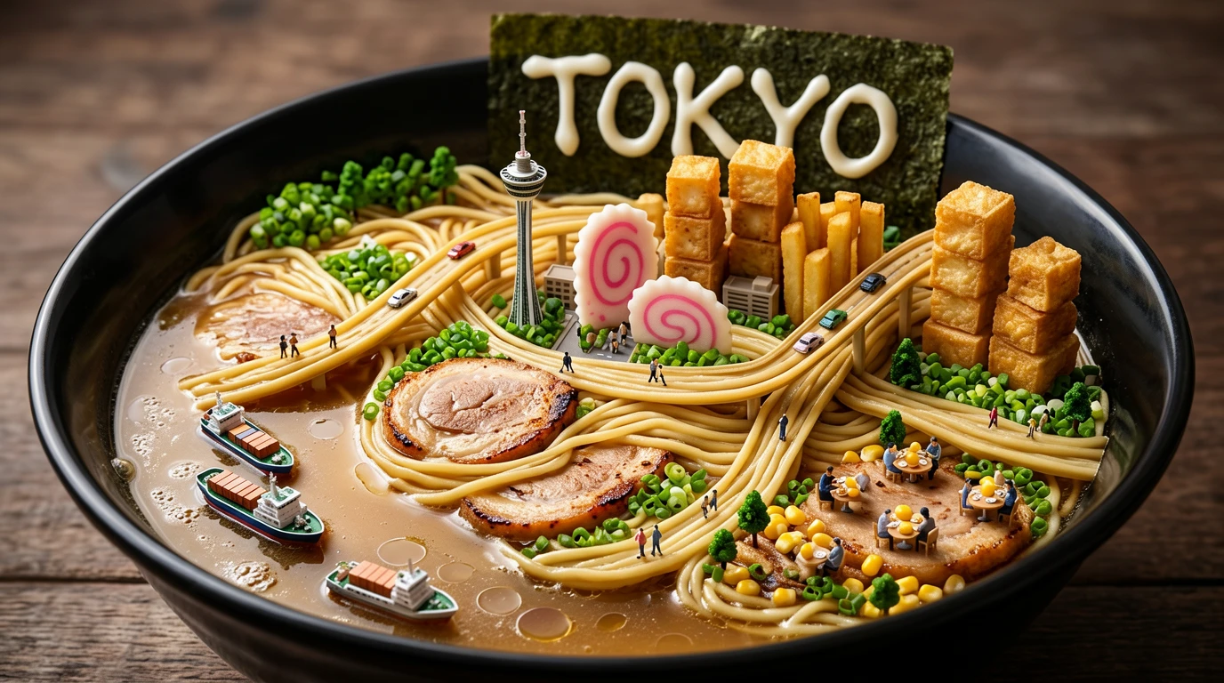 A macro photography "foodscape" image. The scene presents a surrealist miniature culinary landscape,