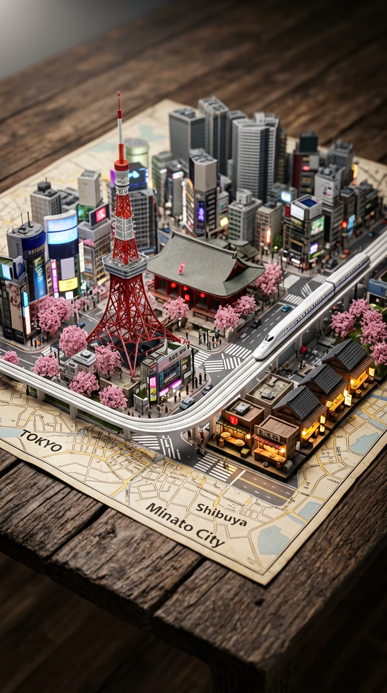 A macro photography–style 3D miniature landscape image. At the center of the frame is a vintage-styl