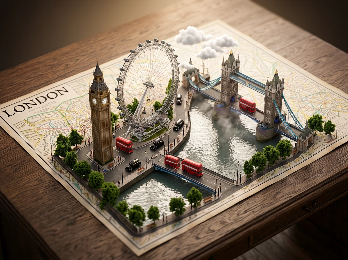 A macro photography–style 3D miniature landscape image. At the center of the frame is a vintage-styl