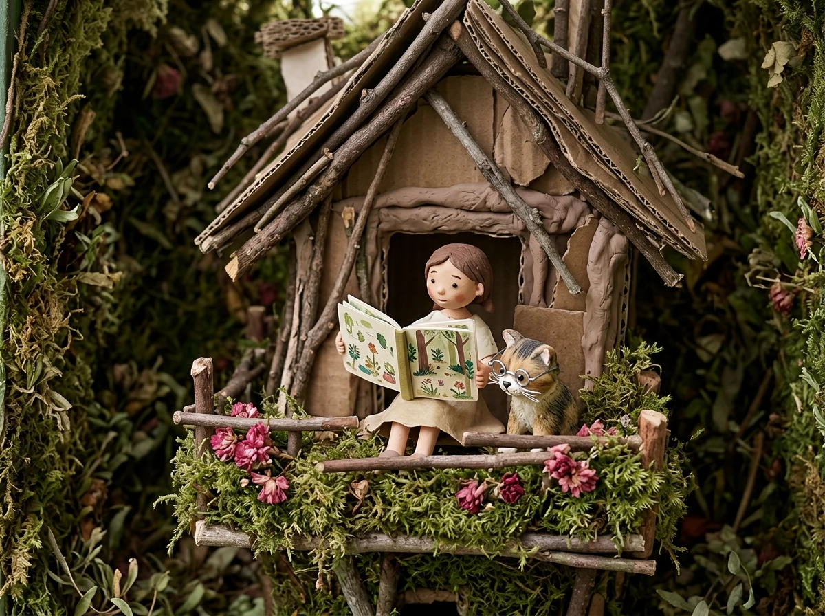 A photograph showcasing a handmade diorama art style, with the frame extending horizontally to prese