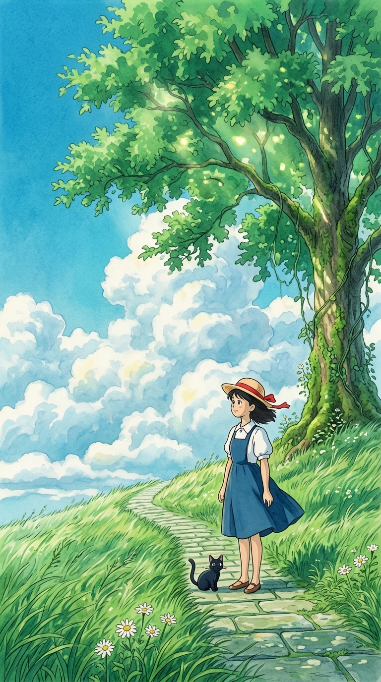 A portrait-oriented animation illustration rendered in the classic Studio Ghibli art style. At the c