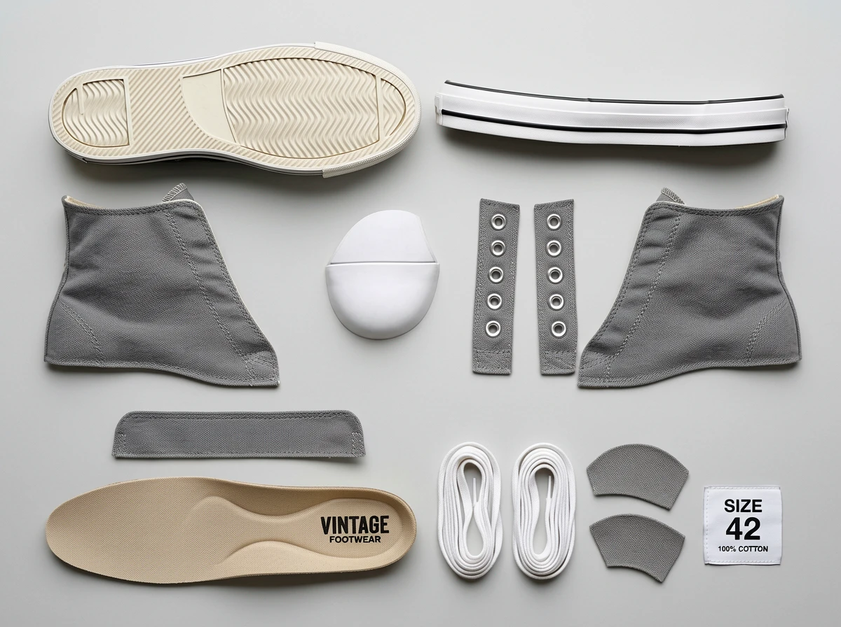 A product teardown flat-lay photograph. On a light gray matte seamless surface, the individual cut p