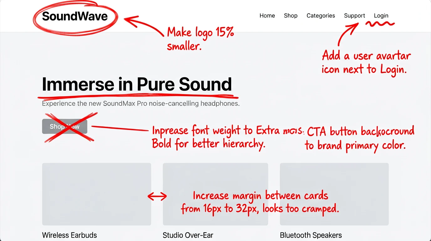 A screenshot of an e-commerce website homepage design mockup with red handwritten annotations. The c