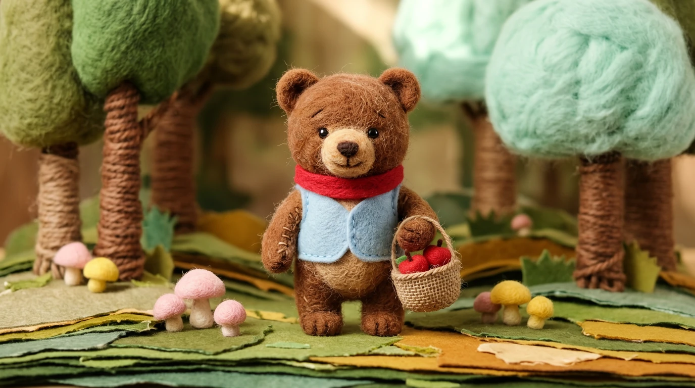 A stop-motion animation style miniature handcrafted scene photograph. The main subject is a small br