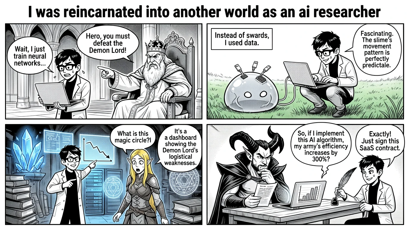 A vertical four-panel comic strip (black-and-white with screentone style, accented with partial high