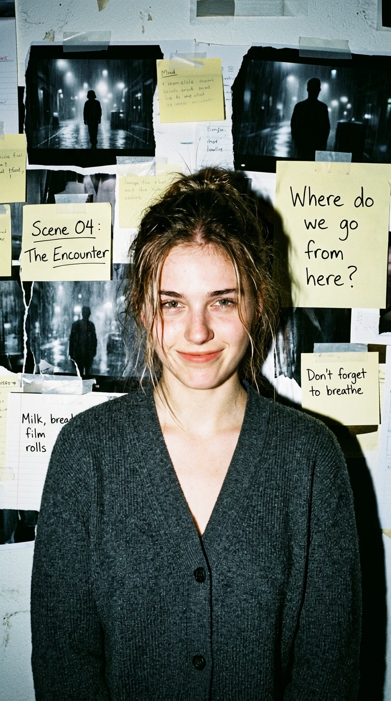 A vertical portrait photograph in the style of a raw independent film still, the image saturated wit