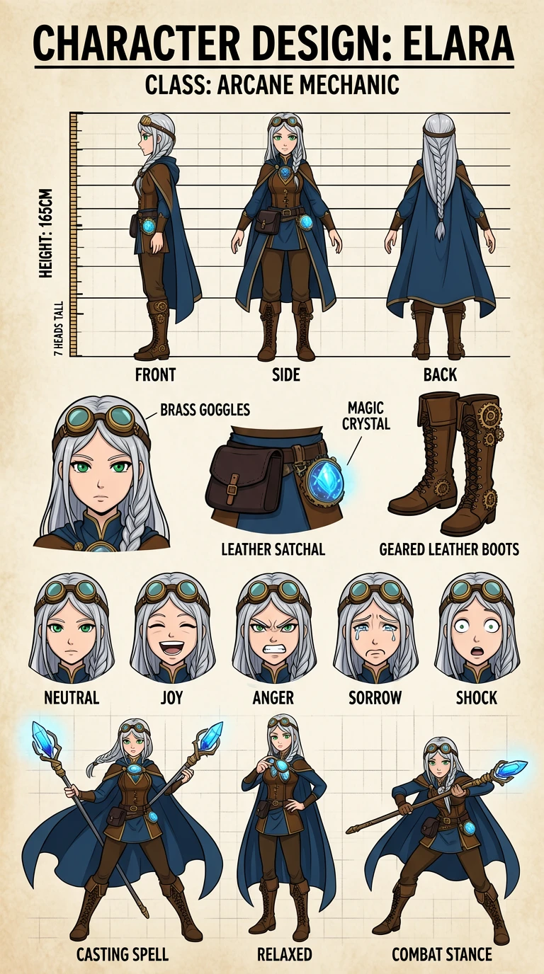 A vertical-format anime-style character design sheet (Character Design Sheet) with a parchment-textu