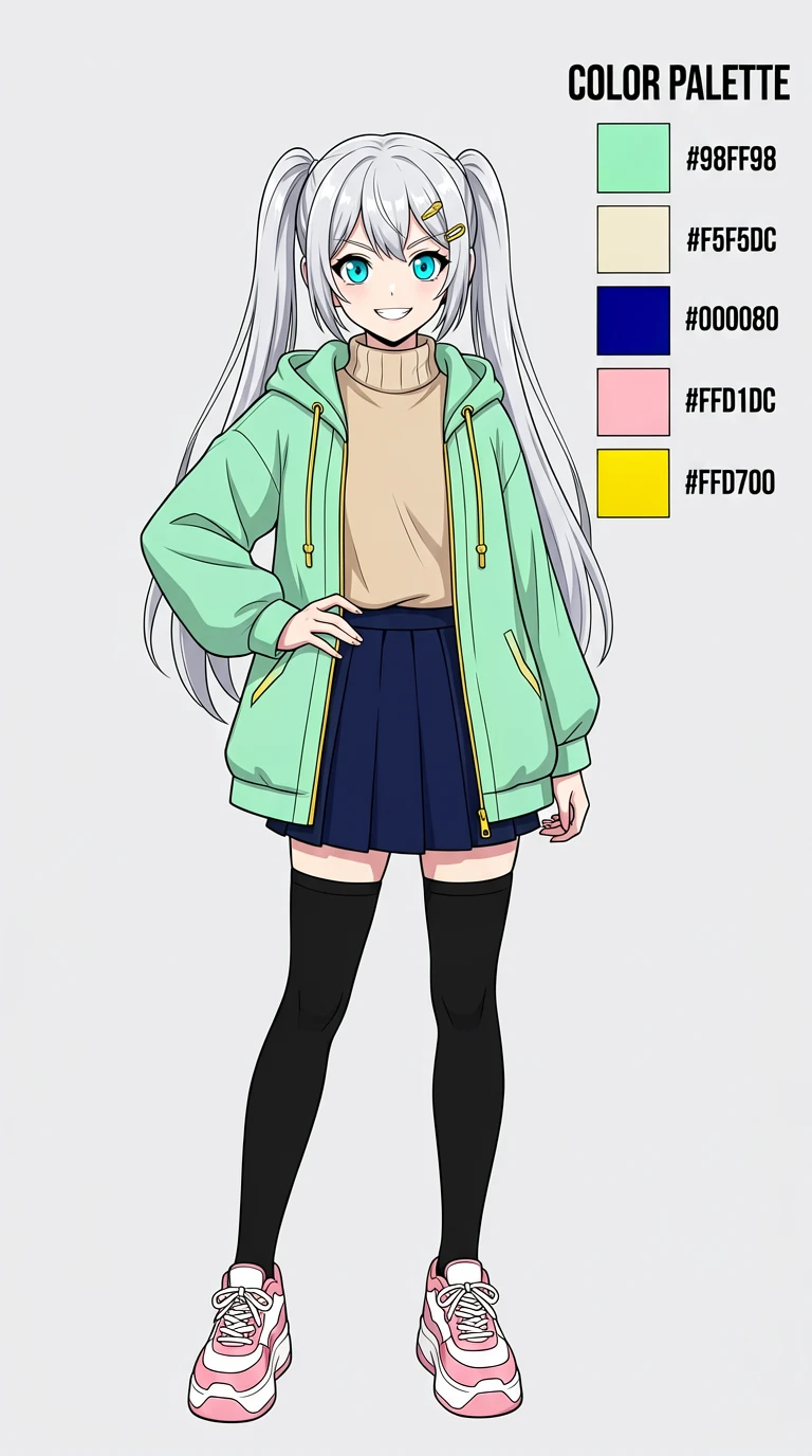 A vertical-format anime-style character design illustration with a pure light gray background. Stand