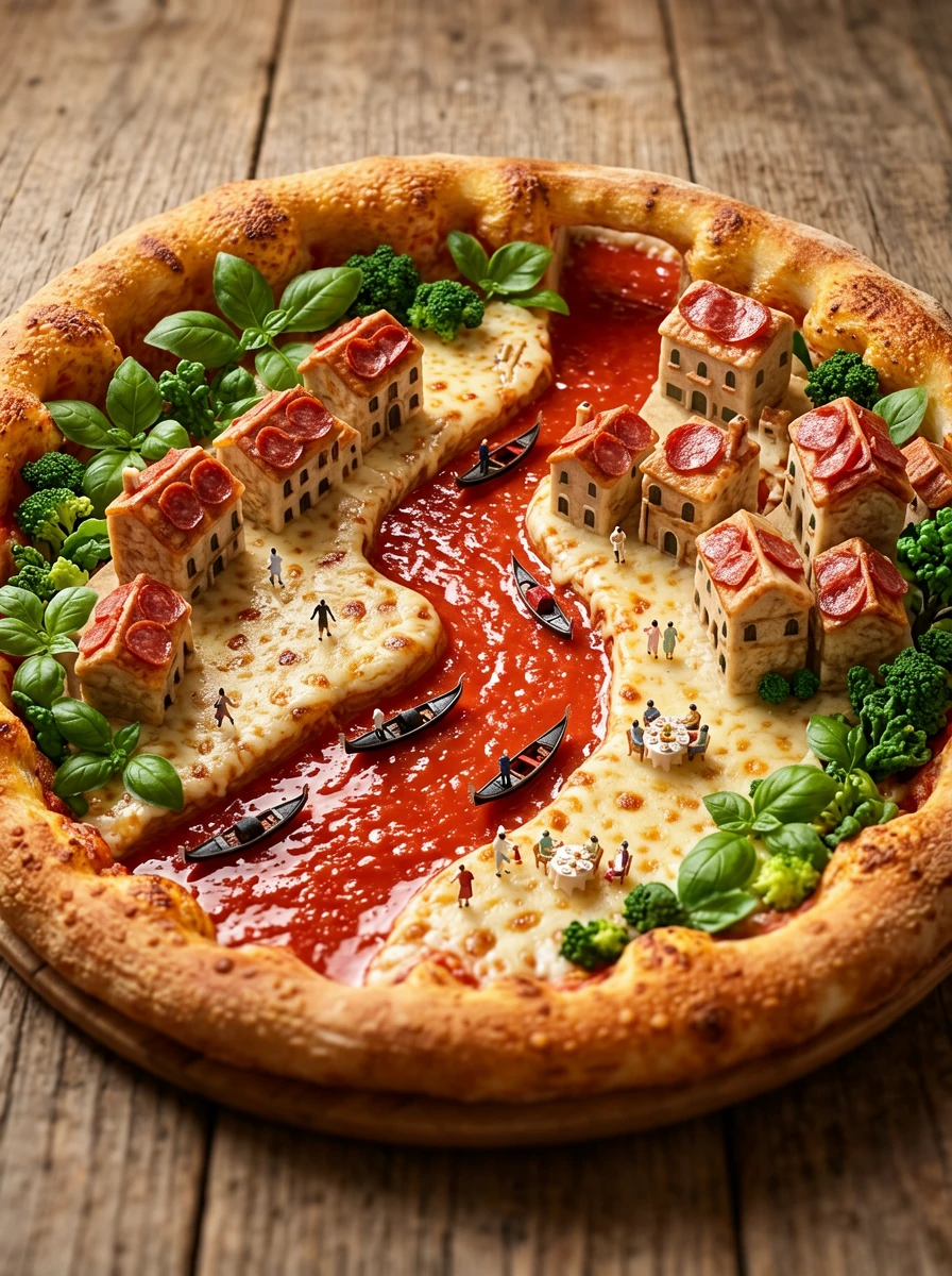 A vertical-format macro photography and foodscape image depicting a miniature Venice waterscape buil