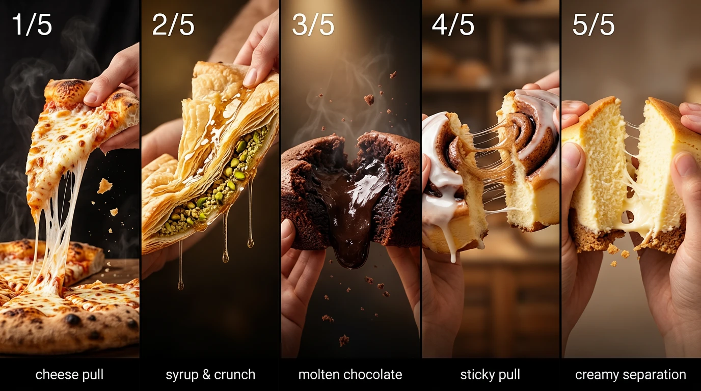 A vertically composed five-panel food action photography poster. The frame is evenly divided from to