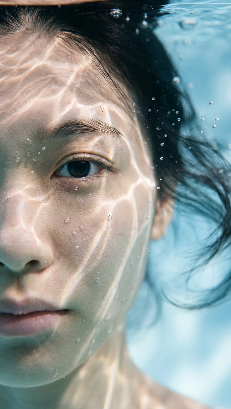 A vertically composed underwater macro photography close-up portrait, tightly cropped to reveal only