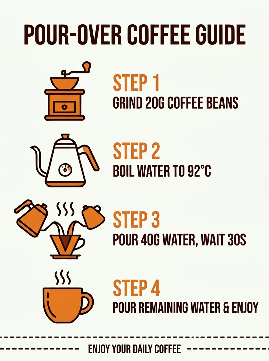 A vertically formatted minimalist pictogram poster themed as a pour-over coffee guide. The backgroun