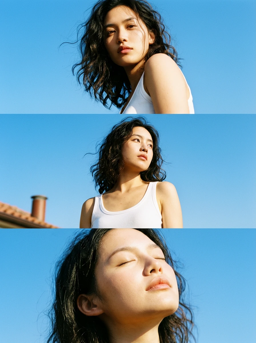 A vertically oriented photographic triptych with a 35mm film photography aesthetic. The frame is div