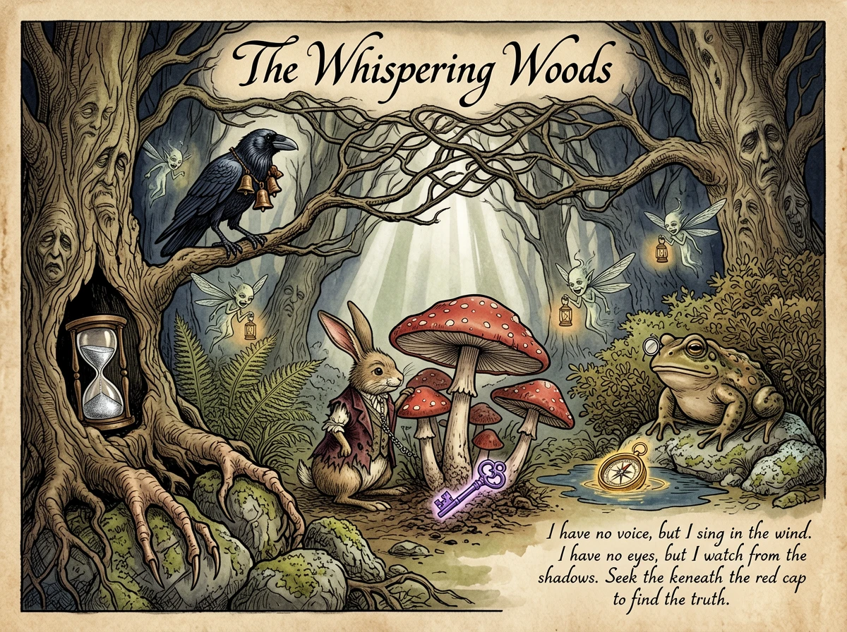 A vintage fairy-tale illustration in the style of 1920s Arthur Rackham. In a horizontal composition,