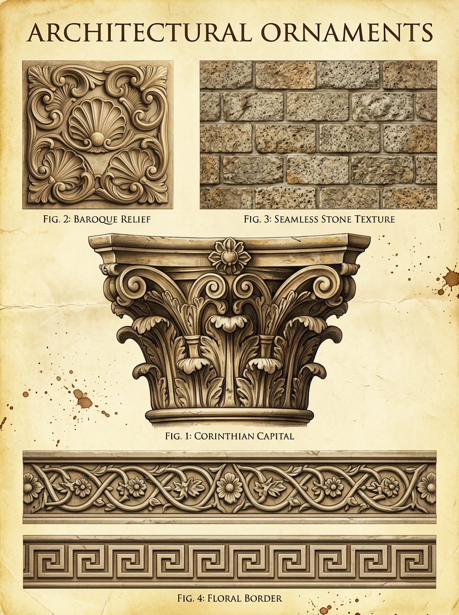 A vintage-style classical architectural decorative texture collection plate, in portrait orientation