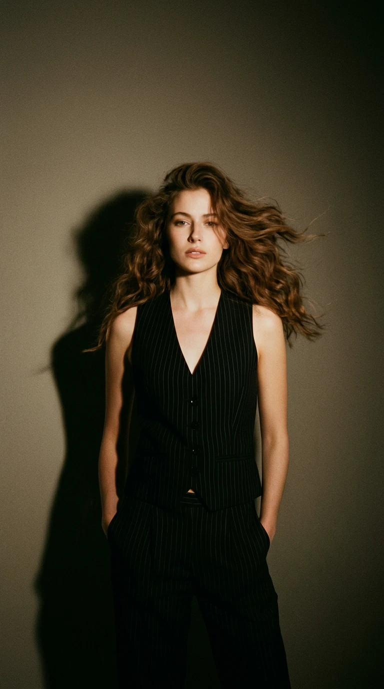 A vintage-style fashion photography shot in portrait orientation. At the center of the frame stands 