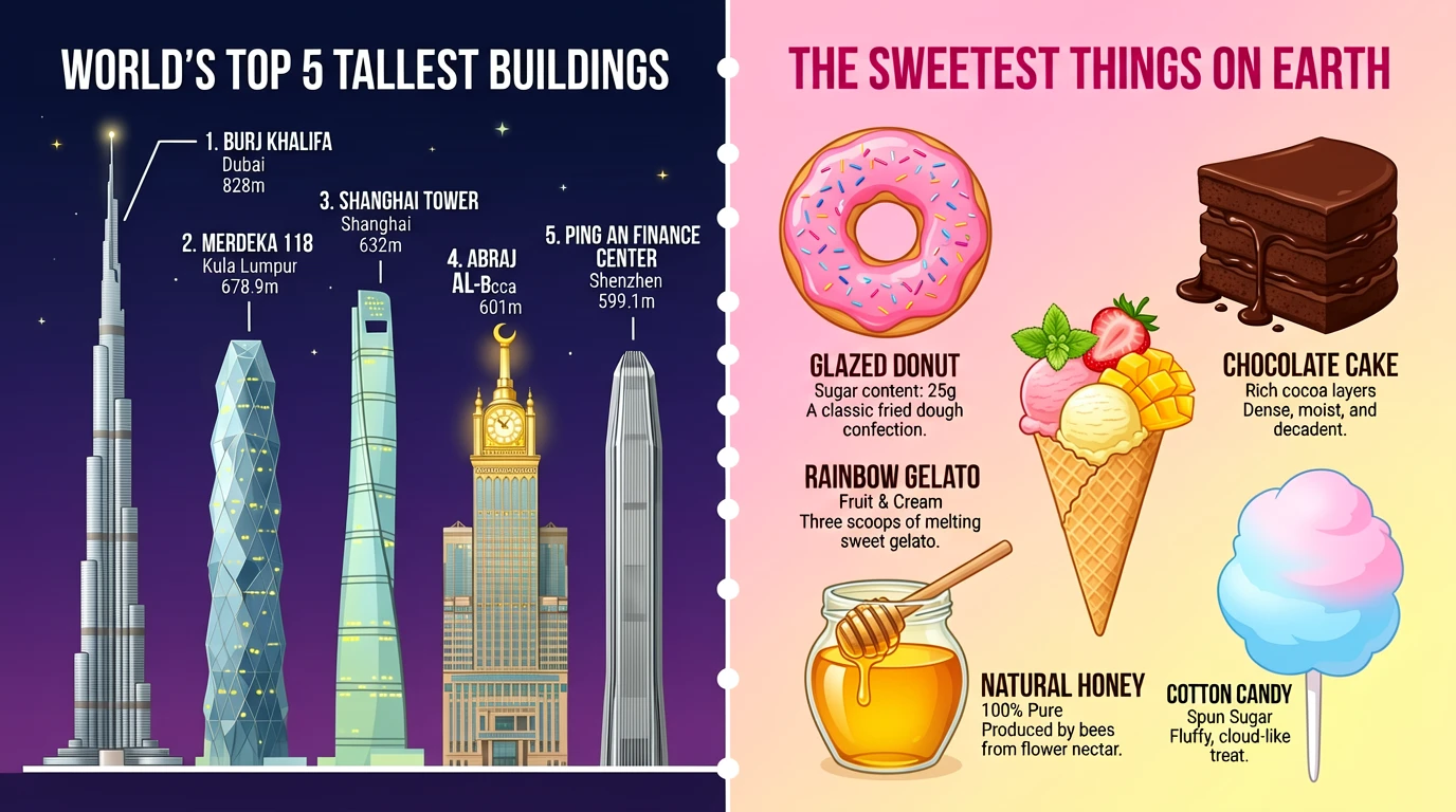 A wide-format color infographic, divided equally into two contrasting halves by a central white vert