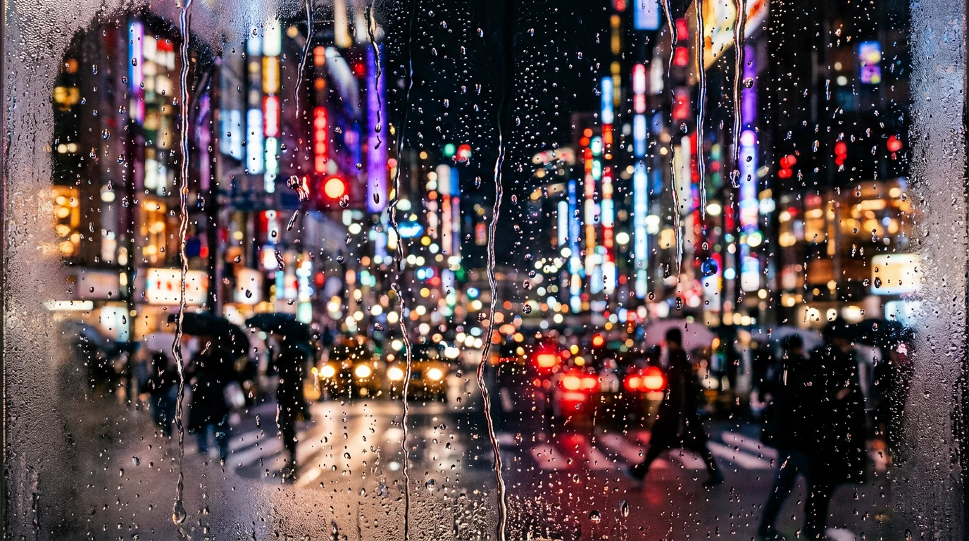 A wide-format composited photograph presenting a scene of an urban nightscape viewed through a layer