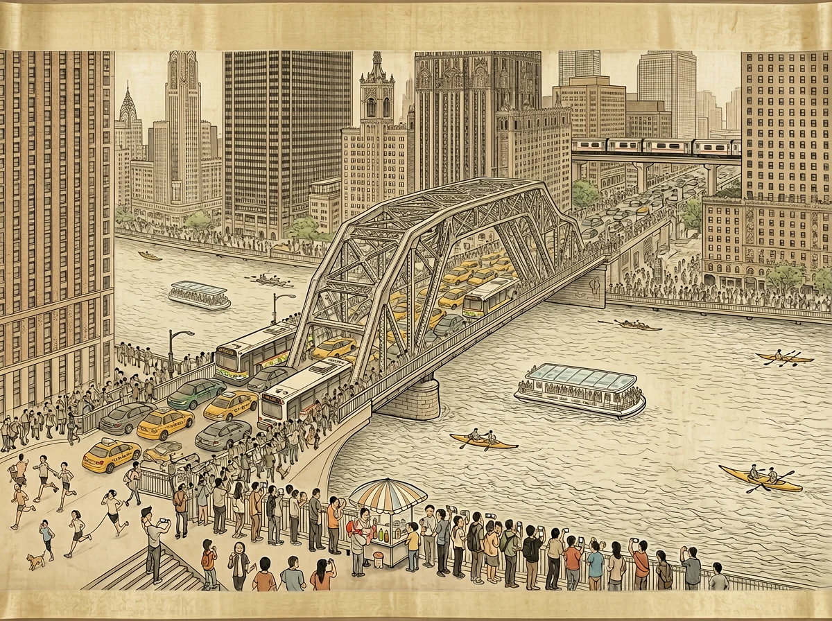 A wide-format painting in the style of a traditional Chinese ink-and-color painted handscroll. The s