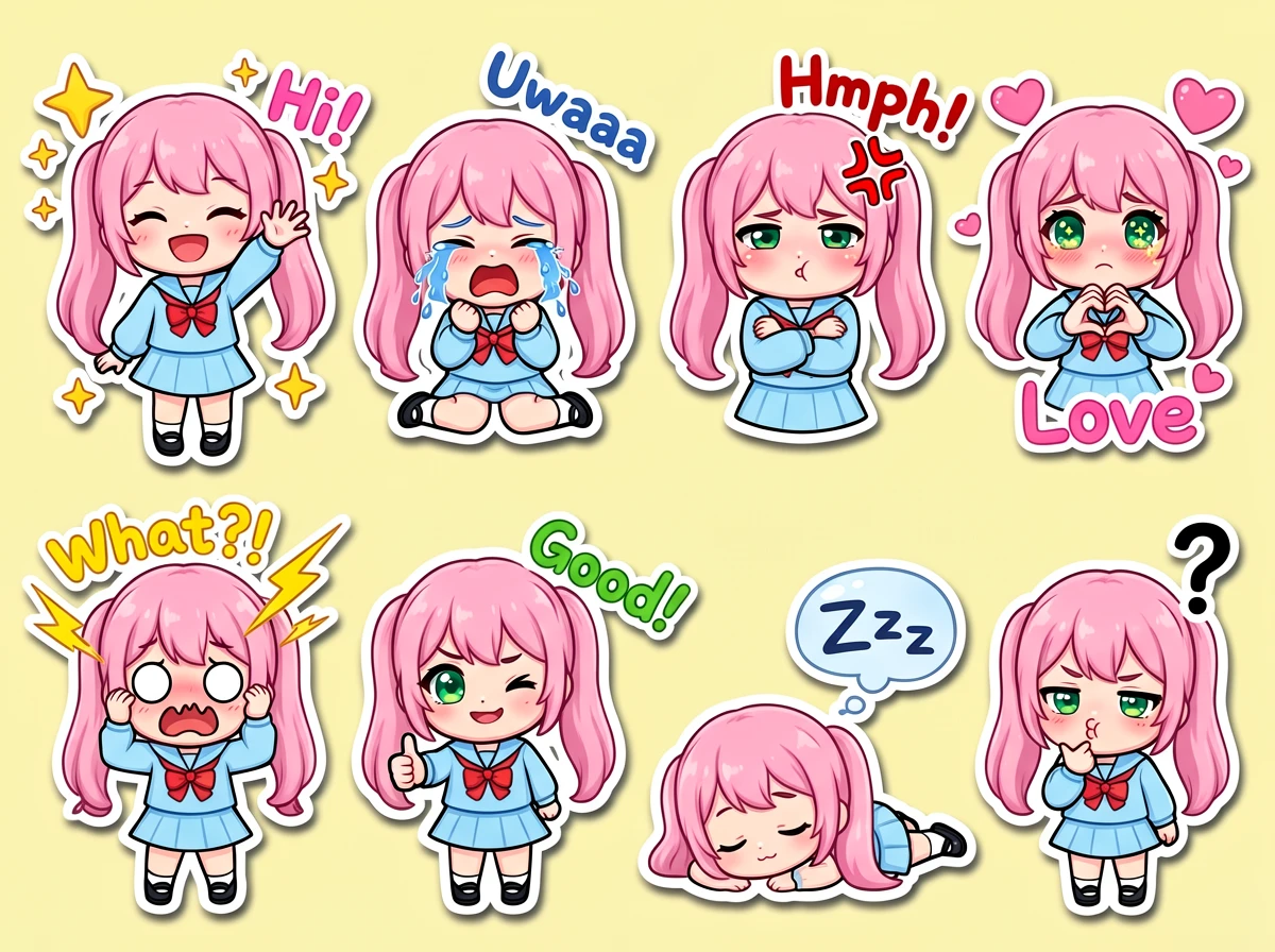 An illustration presenting a collection of 8 expression stickers arranged in a 2-row by 4-column gri