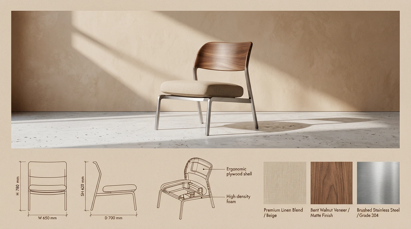 An inner-page layout illustration for a product design catalogue, with an overall horizontal wide-fo