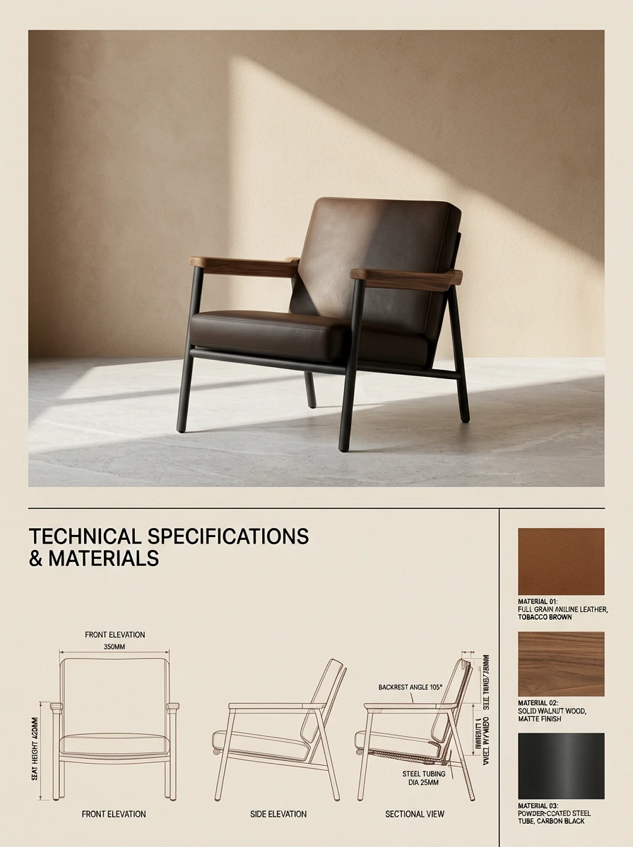 An inner-page layout poster for a product design portfolio or high-end design journal, adopting a ve