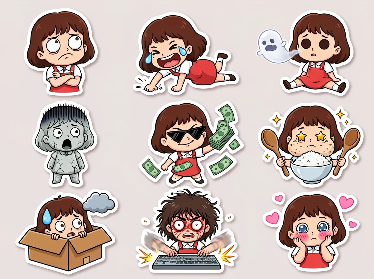 This is a horizontal illustration showcasing a set of Q-version (chibi) emoji sticker designs arrang