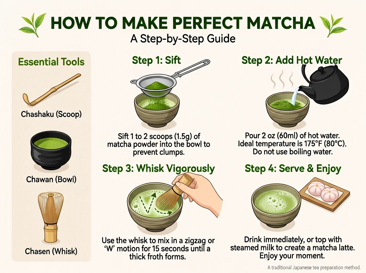 This is a landscape-oriented, illustration-style infographic showcasing the method of making matcha.