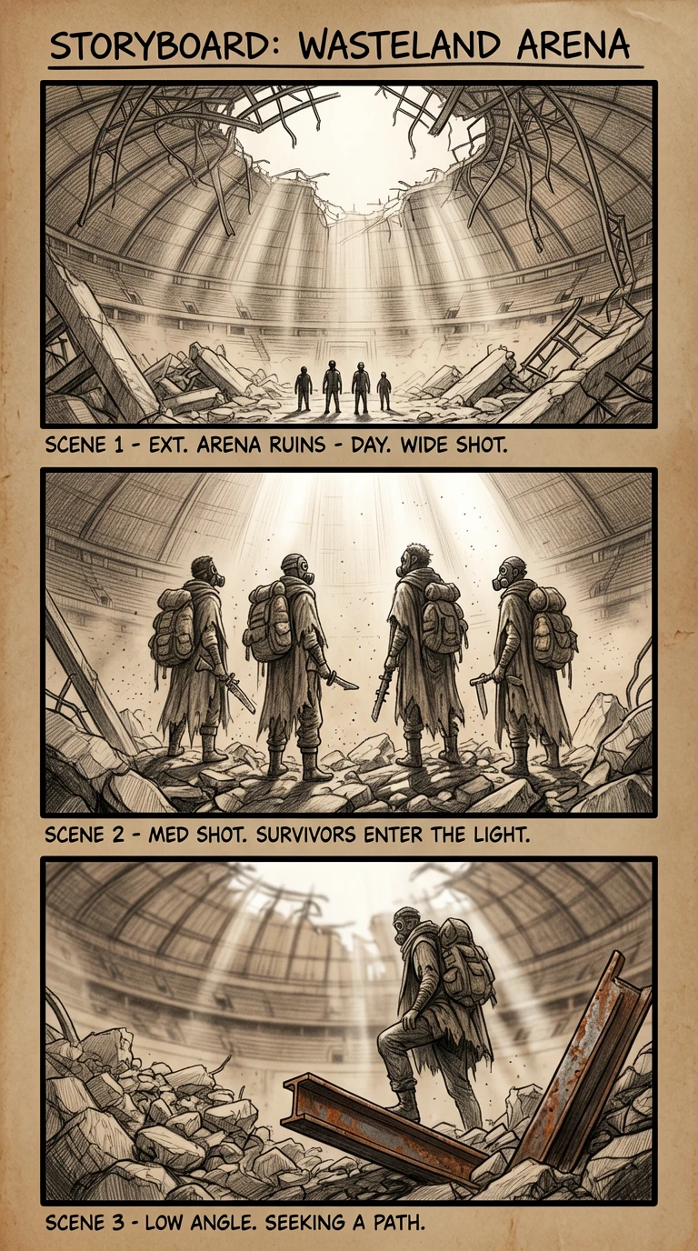 This is a vertically formatted film storyboard illustration rendered in an ultra-detailed pencil ske